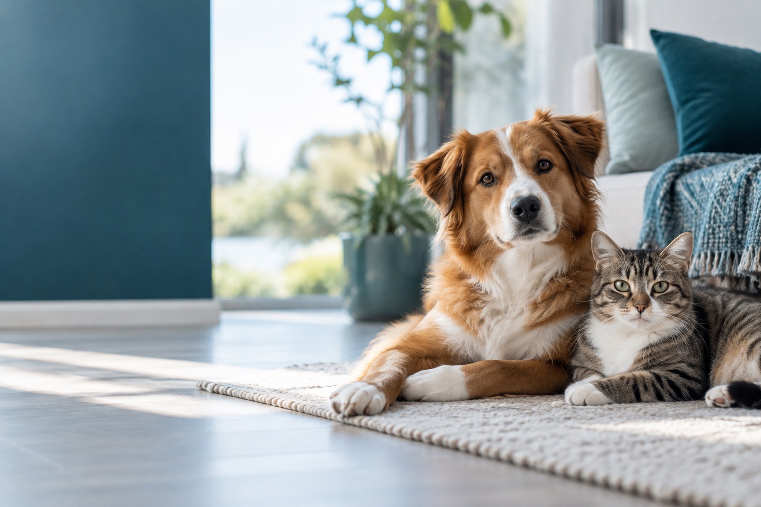 Ein entspannter Hund und eine Katze sitzen gemeinsam in einem hellen Zuhause
